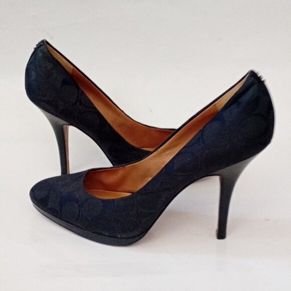 Coach Monogram Signature Pattern Black High Heels Women's Size 10B - Picture 1 of 15